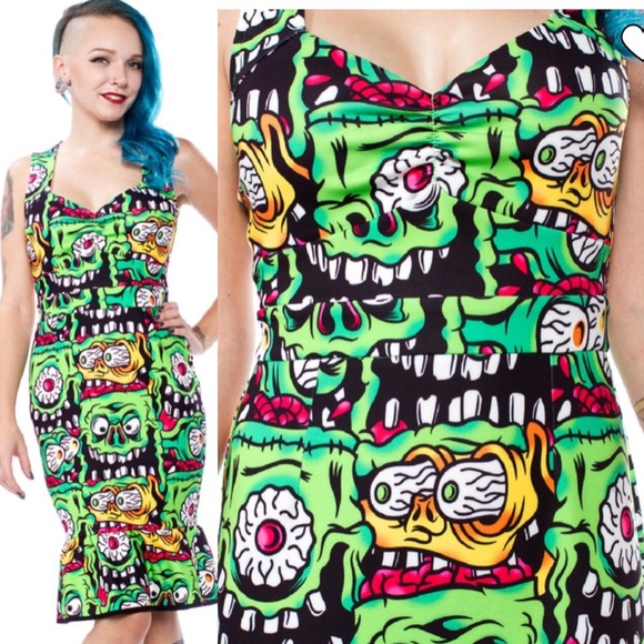 NWOT Sourpuss Zany Fink Faces Green Monster Dress - Picture 2 of 4